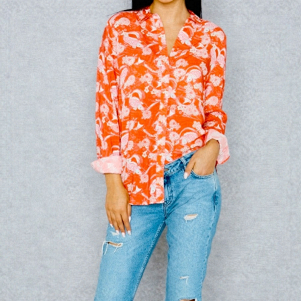 TOPSHOP Koi Fish Print Long Sleeve Button Down Top